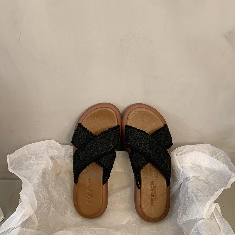 White Retro Woven Thick-soled One-word Slippers for Women's Summer Wear 2025 New Models with Skirts To Increase Height and Cool Slippers