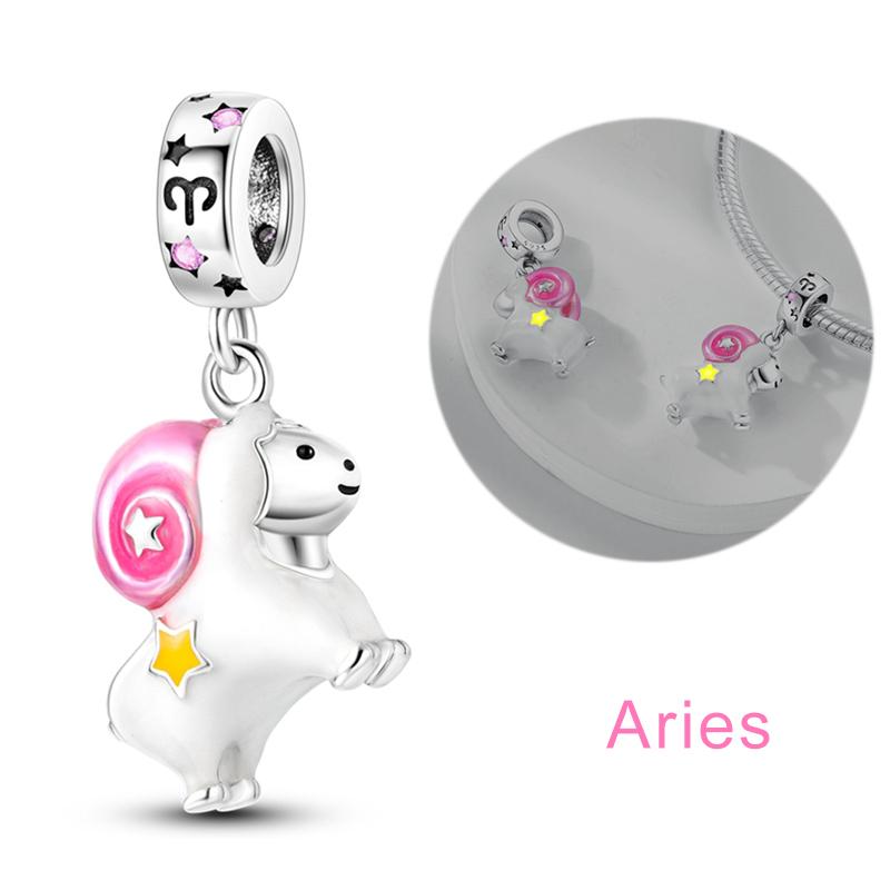 Twelve Constellations Star Sign Copper Vintage Zodiac Beads Fluorescent Charms Fit Original Bracelet