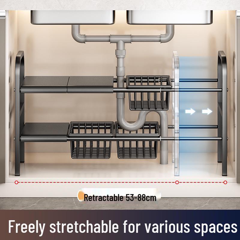 Rozšiřitelný kuchyňský úložný regál: Podumyvadlová police na organizér na nádobí