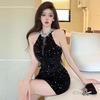 Sparking Black Mini Dresses Women Halter Sequins Patchwork Slim Vintage Elegant Party Dress Glitter Bodycon Birthday Dress