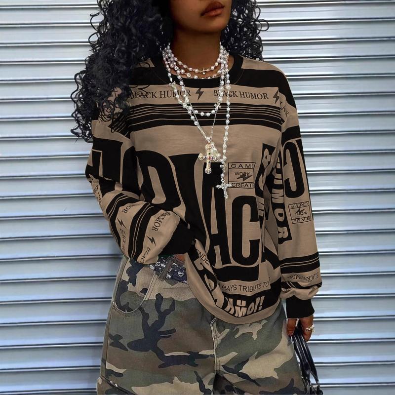 

Женский свитер в стиле ретро спорт, с длинным рукавом, с принтом с позиционированием букв, свободный пуловер M верблюд