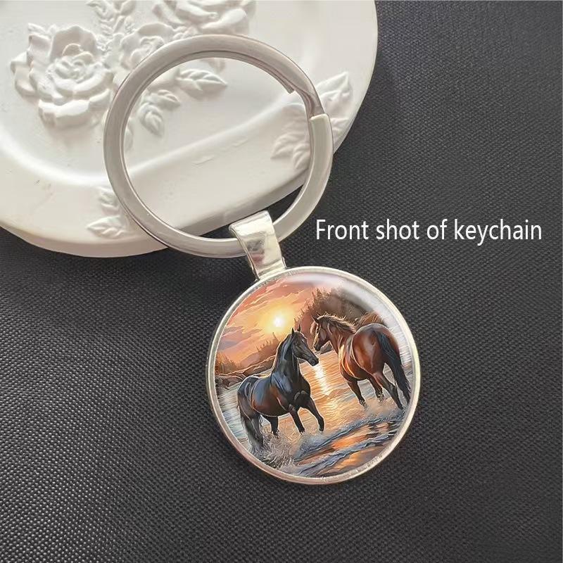 2026 Year Of The Horse Keychain Zodiac Animal Horse Pattern Circular Glass Pendant Keychain Backpack Hanging Decor  Year Gift