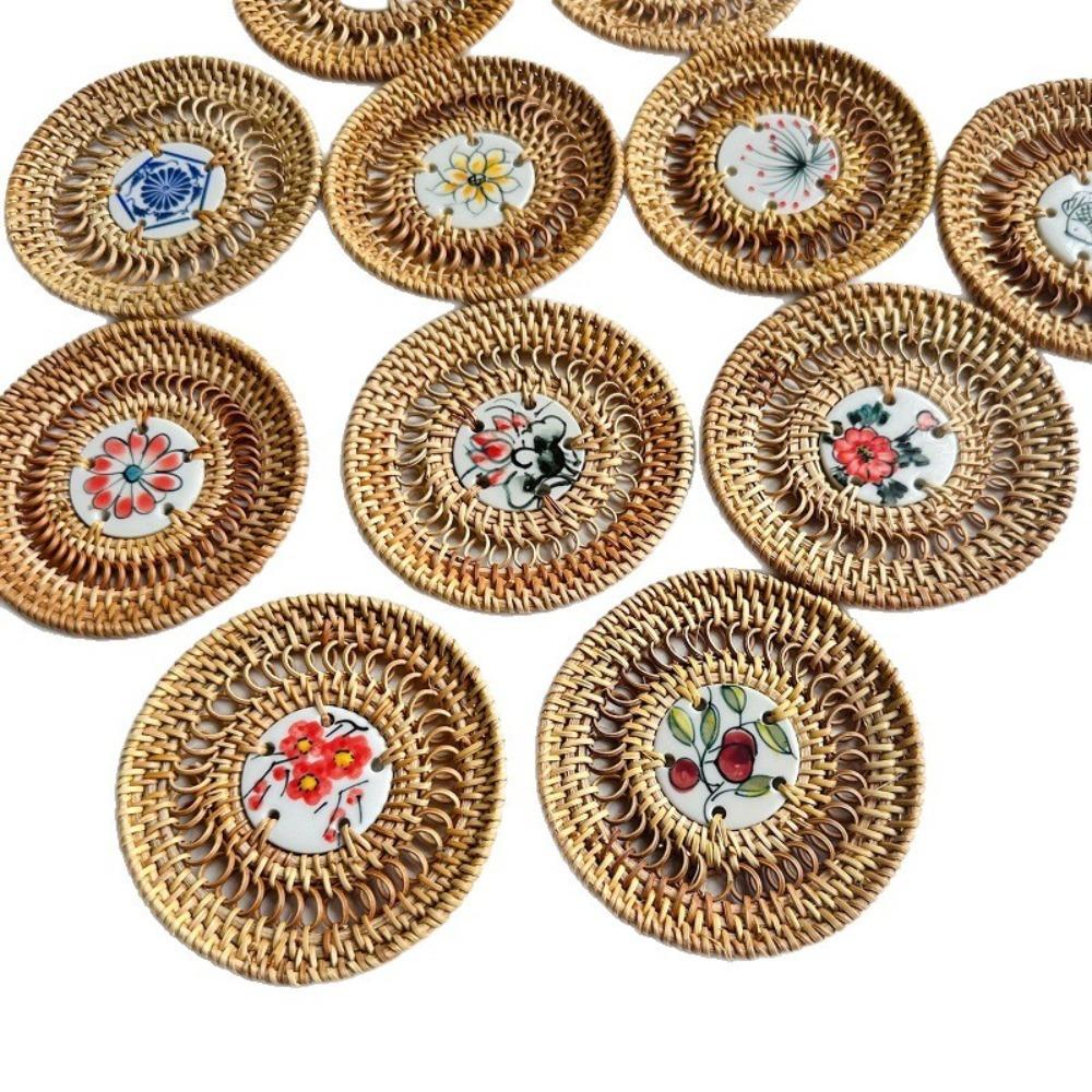 Handmade Vietnamese Rattan Ceramic Coaster Rattan Weaving Drink Cup Mat Teacup Mat  Craft