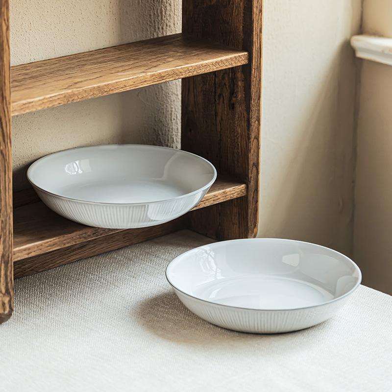 Simple Style Household Ceramic Large Bowl Gray And White Fruit Salad Bowl Vegetable Bowl Texture Open Dessert Bowl Tableware