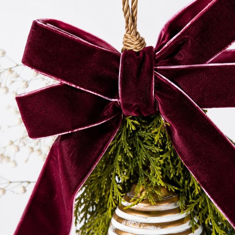 Christmas Bell Door Decoration with 3 Iron Bells, Faux Evergreen Sprigs, Wine-Red Polyester Ribbon Bowknot, and Integrated Top Loop for Hearth Shelves