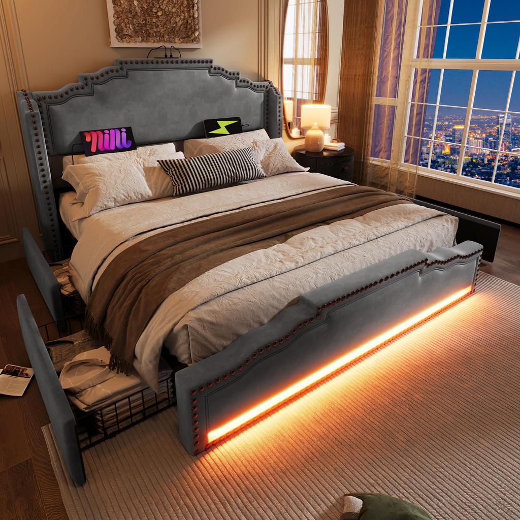 Polsterbett 90x200cm, 2 Schubladen, Modernes Einzelbett, LED, USB Typ C, Holzlattenrost, Stauraumbett, Jugendbett, Leinen, Grau