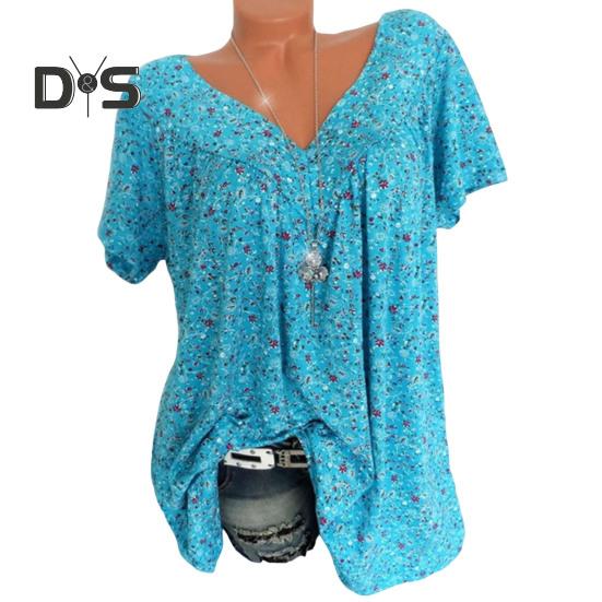 

Женская футболка с V-образным вырезом и коротким рукавом с цветочным принтом, свободный крой, дышащий летний пуловер, топы на каждый день L синий