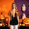 Women's Halloween Print Costume V-Neck Short Sleeve Loose Fit with Pockets