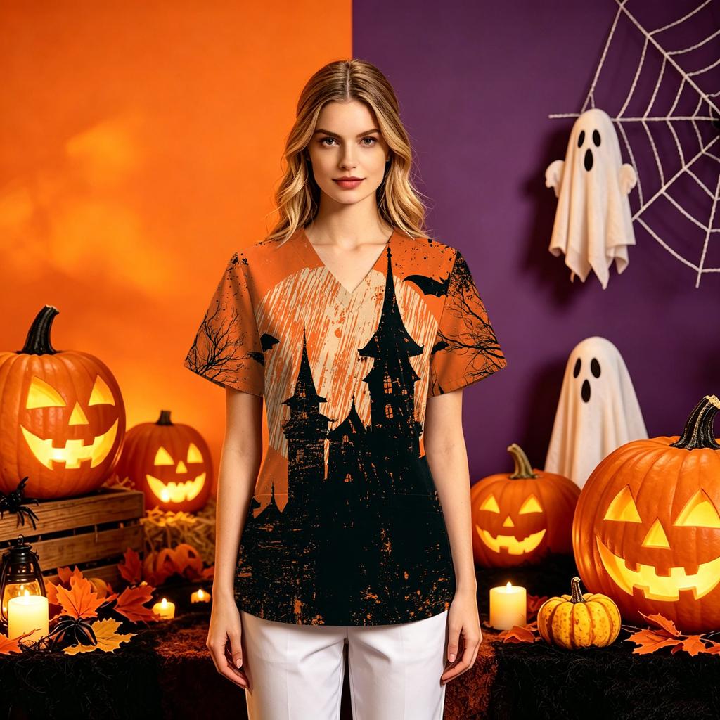 Women's Halloween Print Costume V-Neck Short Sleeve Loose Fit with Pockets