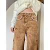 Lace Teddy Bear Embroidered Patchwork Design Wide Leg Jeans Spring  High Waisted Fit Slimming Casual Jeans for Commuting