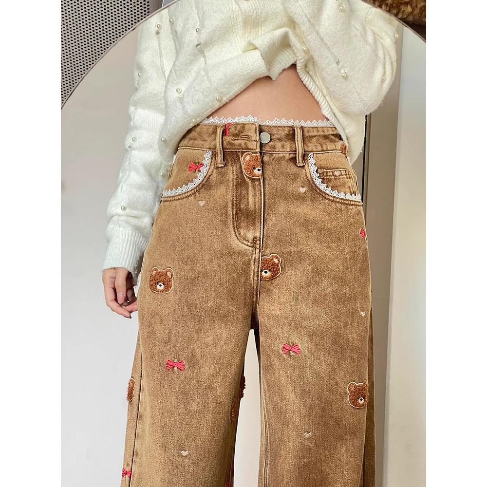 Lace Teddy Bear Embroidered Patchwork Design Wide Leg Jeans Spring High Waisted Fit Slimming Casual Jeans for Commuting