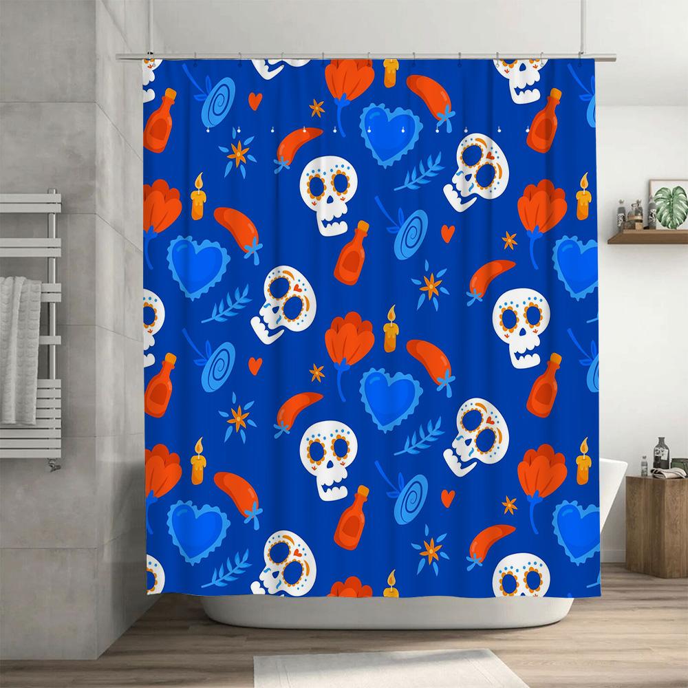 Blue Waterproof Fabric Shower Curtain With Skull Flower Print For Home Decoration Bathroom Accessories