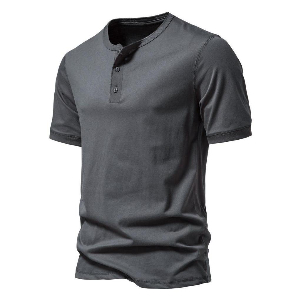 Pánské jednobarevné americké letní jednobarevné tričko Henley s polovičním rukávem - trendy sportovní oblečení pro volný čas