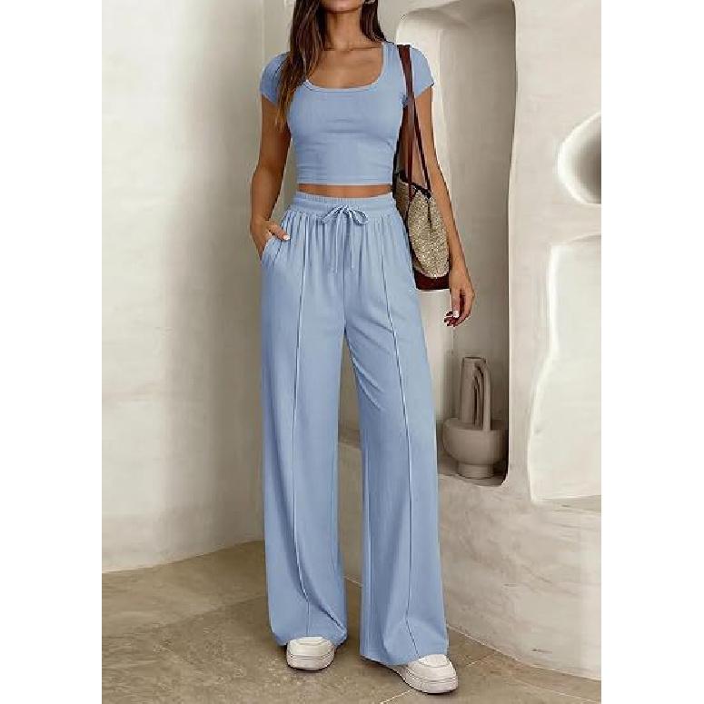 2026 Spring/Summer New Women's Casual Slim-Fit Two-Piece Set with Short Sleeves and Long Pants for Commuting
