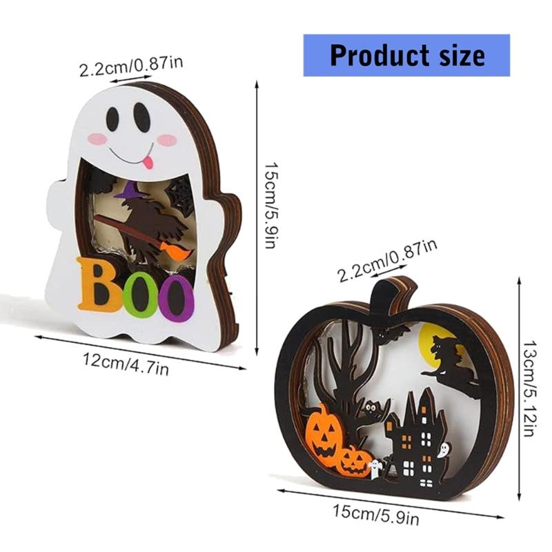 2Pcs Wooden Ghostly Pumpkin Night Light Halloween Wood LED Lamp Desk Decoration For Mantels Tabletop Holiday Decoration