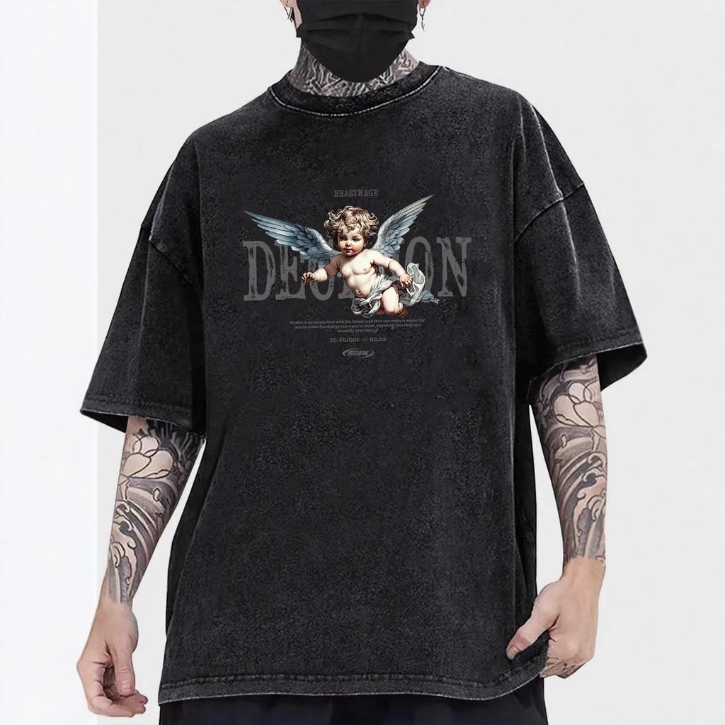 Summer Men's Loose Heavy T-shirt Short-sleeved Retro Old Hip-hop Street Casual Cartoon Printed Top