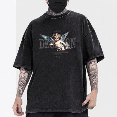 Summer Men's Loose Heavy T-shirt Short-sleeved Retro Old Hip-hop Street Casual Cartoon Printed Top