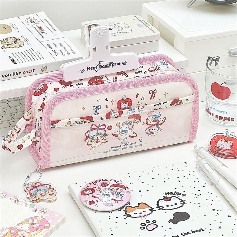 Pink Apple Cat Kitten Pain Bag Large Capacity Multi-Layer Pencil Case Student Stationery Girl Portable Cosmetic Storage Bag Gift