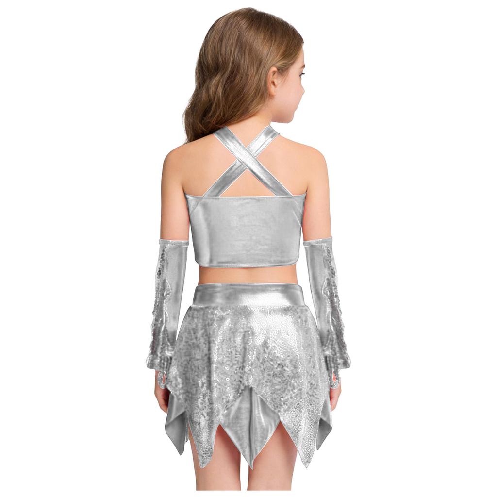 Dívčí kostým pro jazzový tanec s křížovým výstřihem, třpytivými flitry, metalickým zkráceným topem a asymetrickou sukní