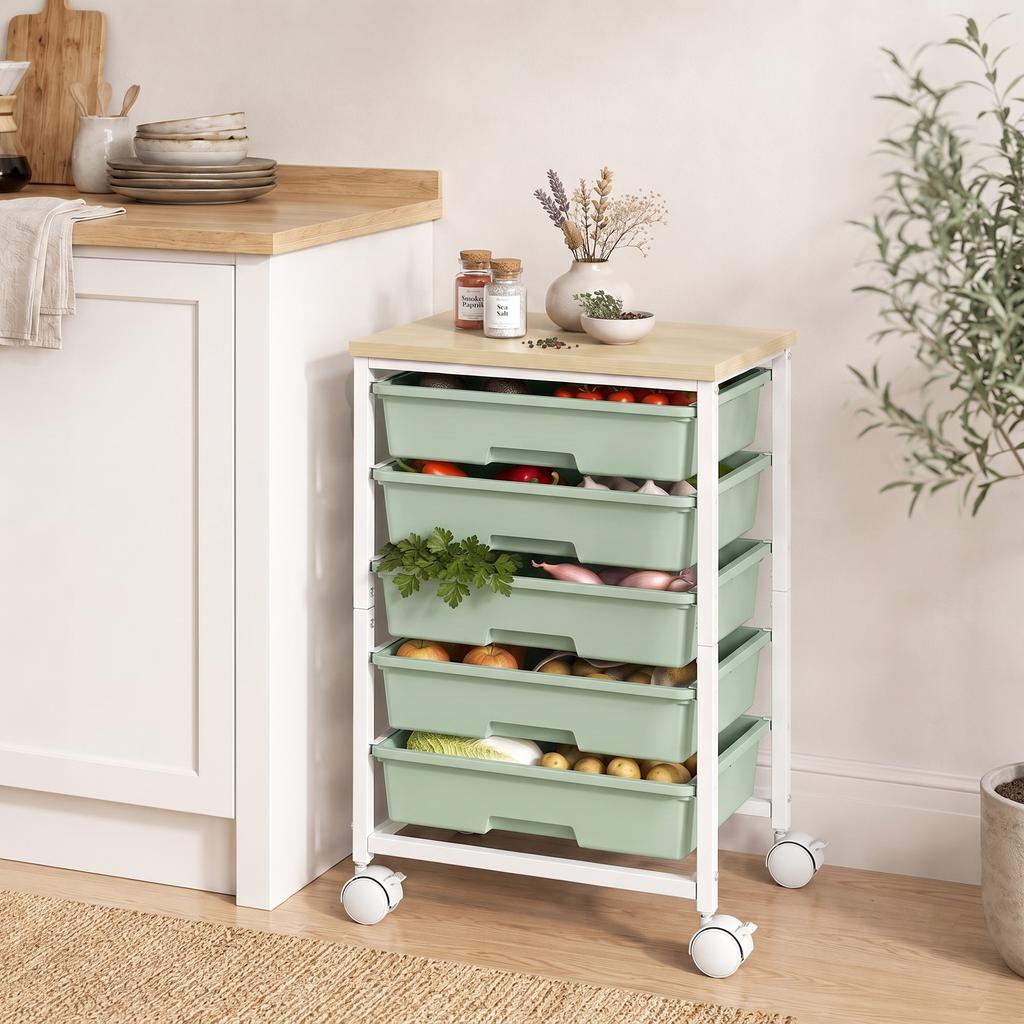 6-Tier Storage Trolley On Wheels, Metal Kitchen Rolling Cart with 5 Pull-Out Drawers, Green