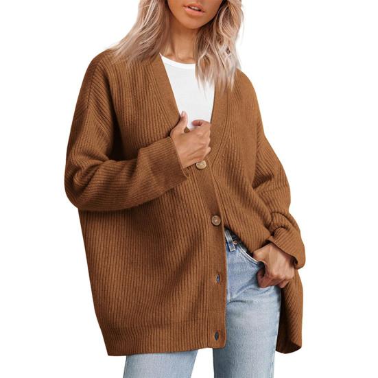 Women Autumn Winter Solid Color Sweater Coat V-neck Long Sleeve Single Breasted Loose Fit Ribbed Knitting Cardigan Outwear