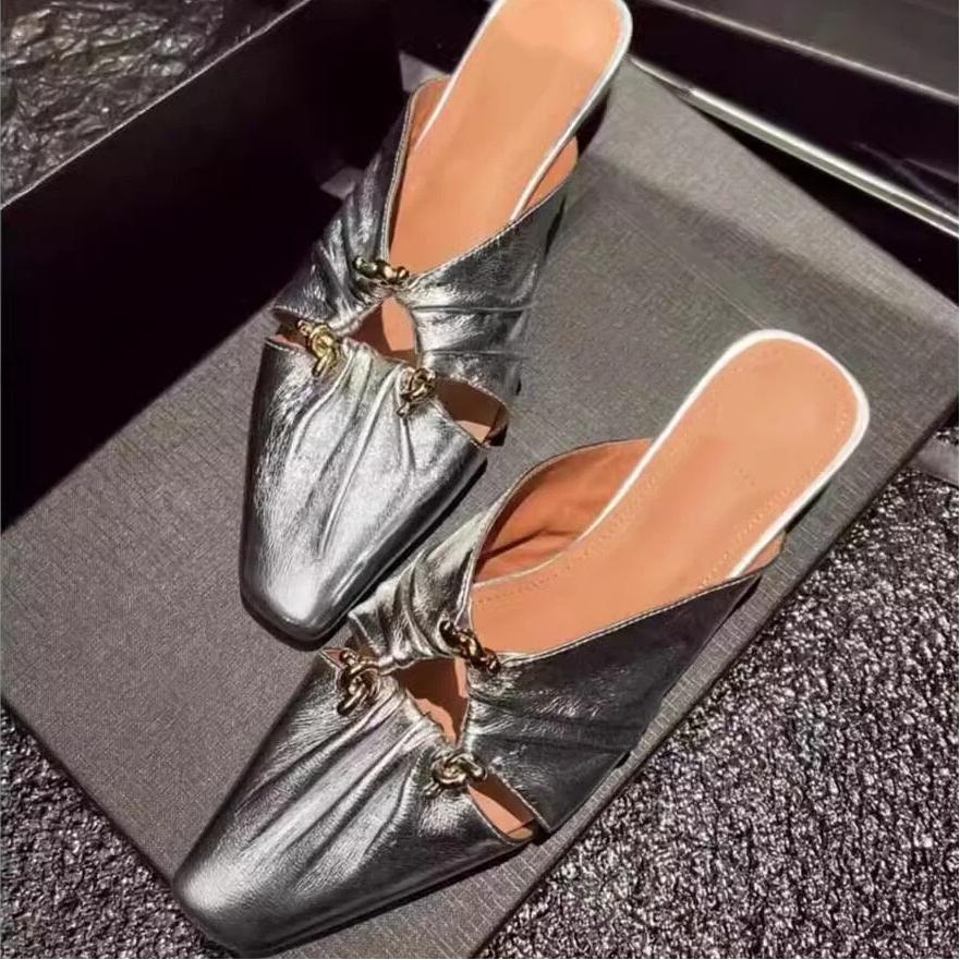 Baotou Cool Slippers Spring And Summer Triangular Buckle Hollow Thick Heel Wrinkled M Ü Ller Shoes For Women