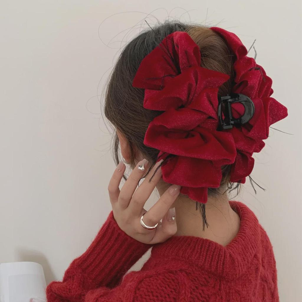 Korean Multi-Layer Flannel Bow Hairpin with Feather Clip - Large Shark Clip Hair Accessory for Women