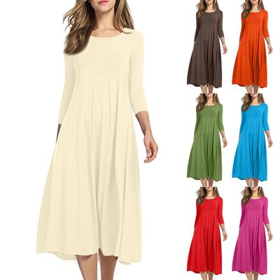 Women's Temperament Round Neck Three-quarter Sleeve Solid Color Swing Dress