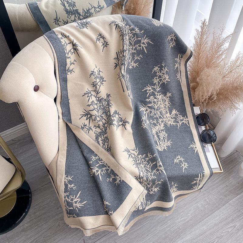 

Имитация кашемира Литературный и художественный тренд Пэчворк Шарф Женский Этнический стиль Модный Элегантный Шаль с принтом бамбука 185cm серый