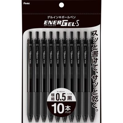 Pentel Gel Ink EnerGel S Ballpoint Black 10 Pens Pen, 0.5mm, Barrel, XBLN125-A10,