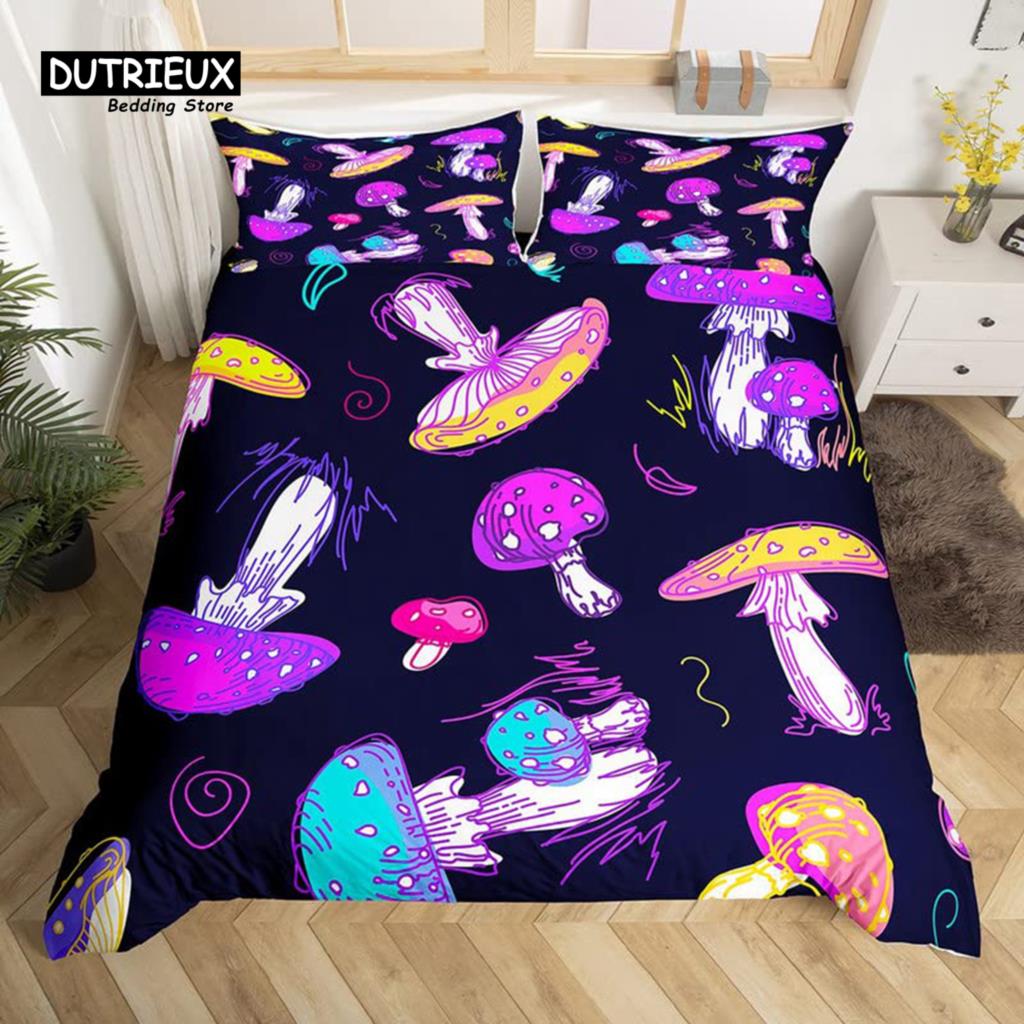 Cartoon Mushrooms Duvet Cover Kawaii Fungus Bedding Set Wild Mushroom Stuff Comforter Cover Twin King for Boys Girls Room Decor