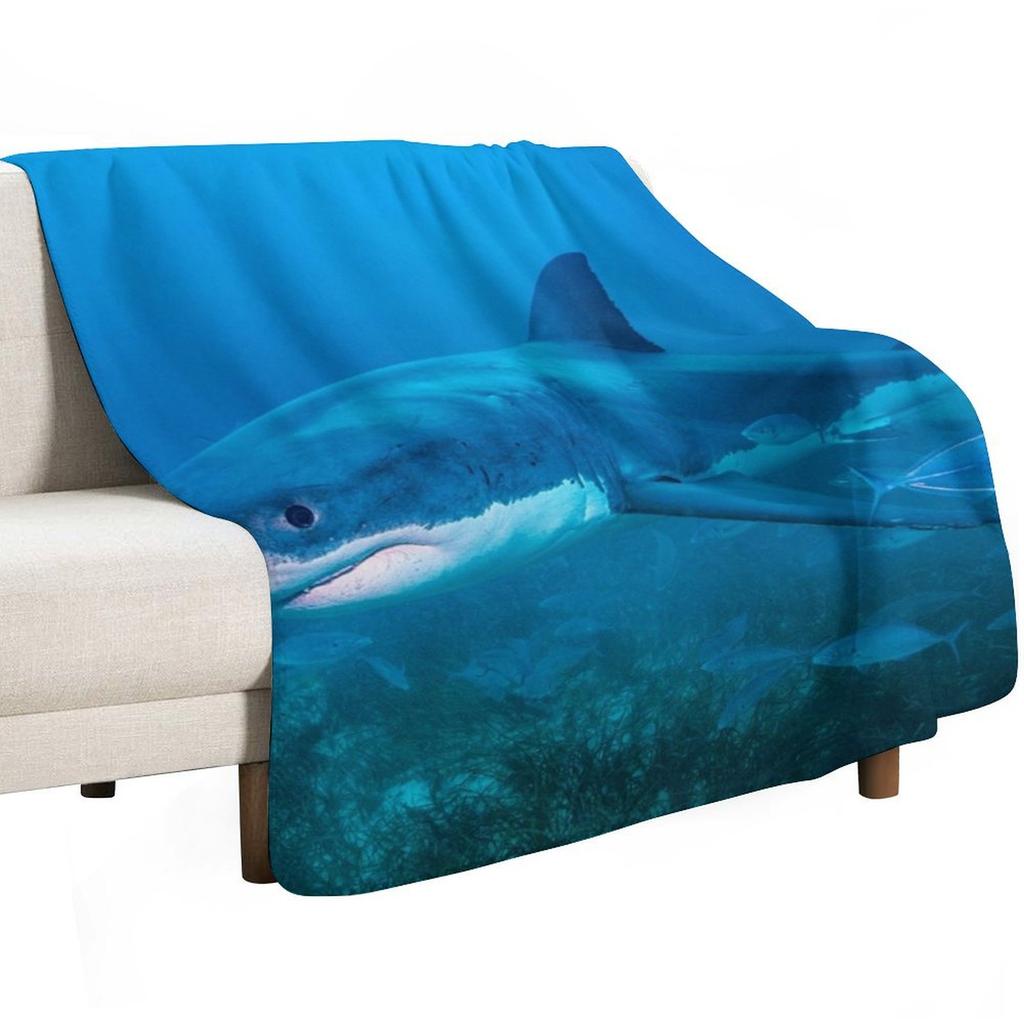 Great White Shark Underwater Throw Blanket Travel Size Cozy Blanket for Plane Train