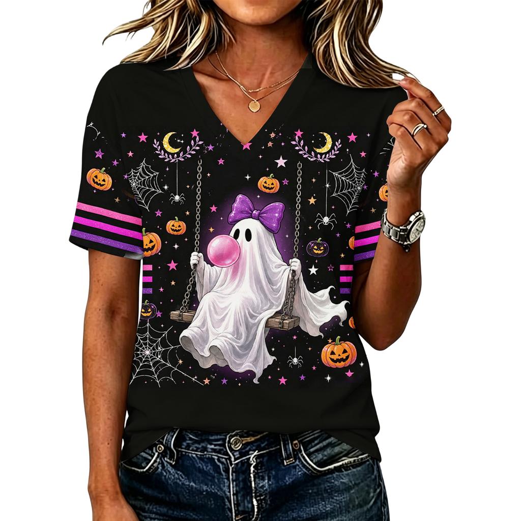 Women's Casual V-Neck Loose Fit Halloween Printed T-Shirt