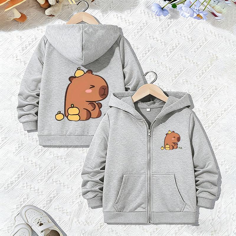 Fashionable Casual Hoodie Capybara Jacket for Boys Girls Zipper Spring and Autumn Trendy Children's Cartoon Zip Up Weatshirts