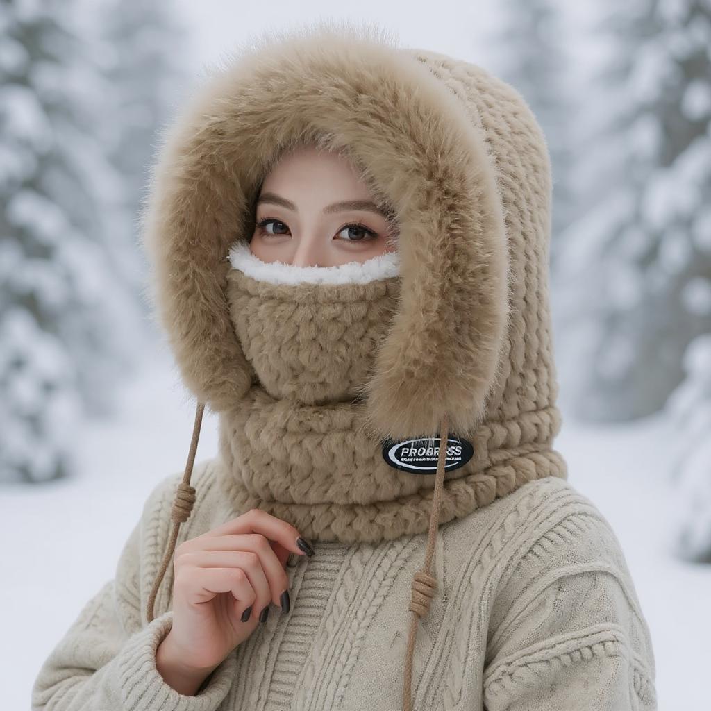 Winter Plush Hat for Women Warm Thick Hood with Scarf Mask Ear Protection Windproof Thermal Cap for Outdoor Cycling Riding