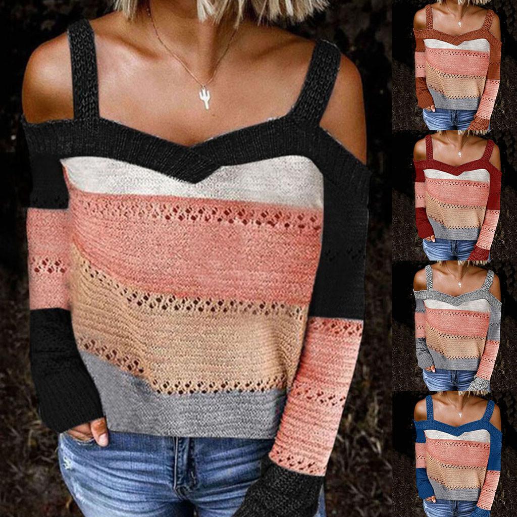 

Women Autumn Fashion V-neck Long Sleeve Cold Shoulder Knit Sweater Hoodies