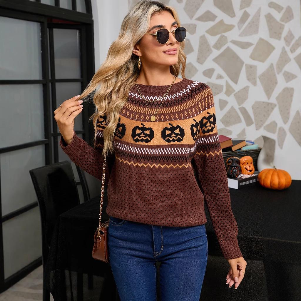 European and American Autumn and Winter Sweater Women's Clothing Halloween Pumpkin Embroidery Retro Polka Dot Long-sleeved Knitted Sweater Women