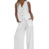 Completo in Lino da Donna - Completo 2 Pezzi Camicia Bottoni Scollo a V Senza Maniche Pantaloni Vita Alta Gamba Larga Set Coordinato