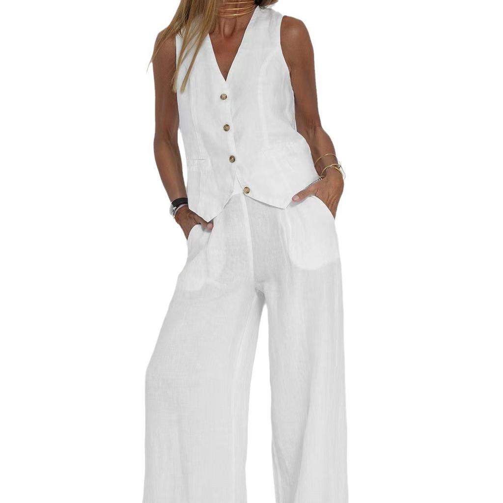 Completo in Lino da Donna - Completo 2 Pezzi Camicia Bottoni Scollo a V Senza Maniche Pantaloni Vita Alta Gamba Larga Set Coordinato