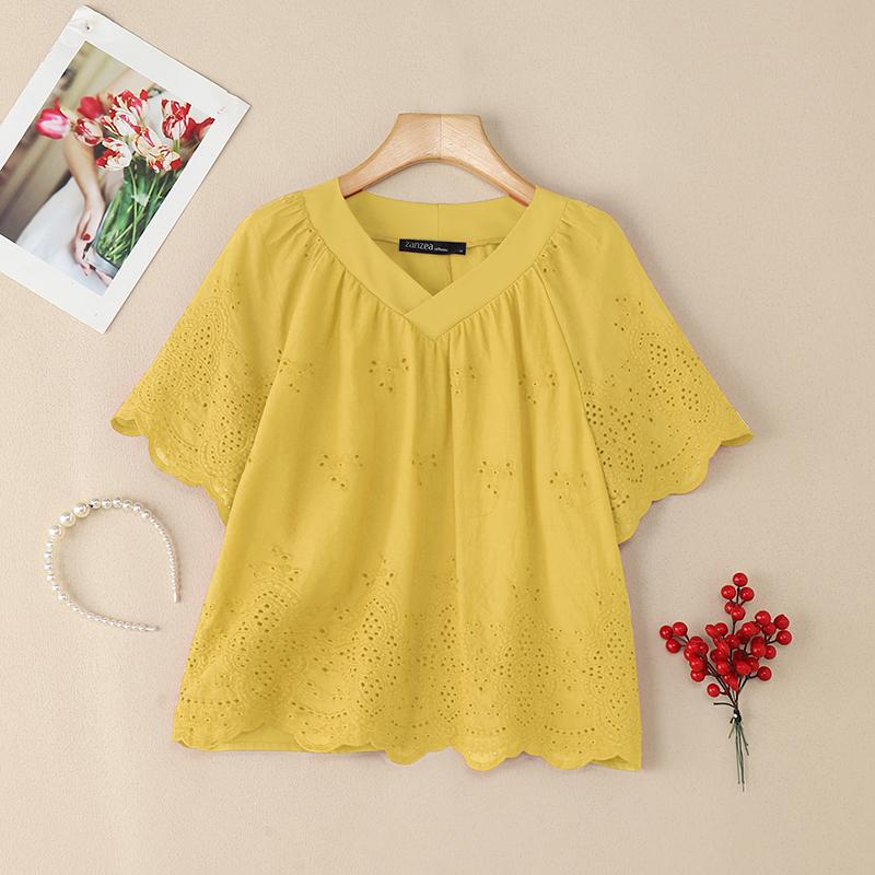 

ZANZEA Женская повседневная блузка с V-образным вырезом, короткими рукавами, пэчворком и крючком 5XL жёлтый