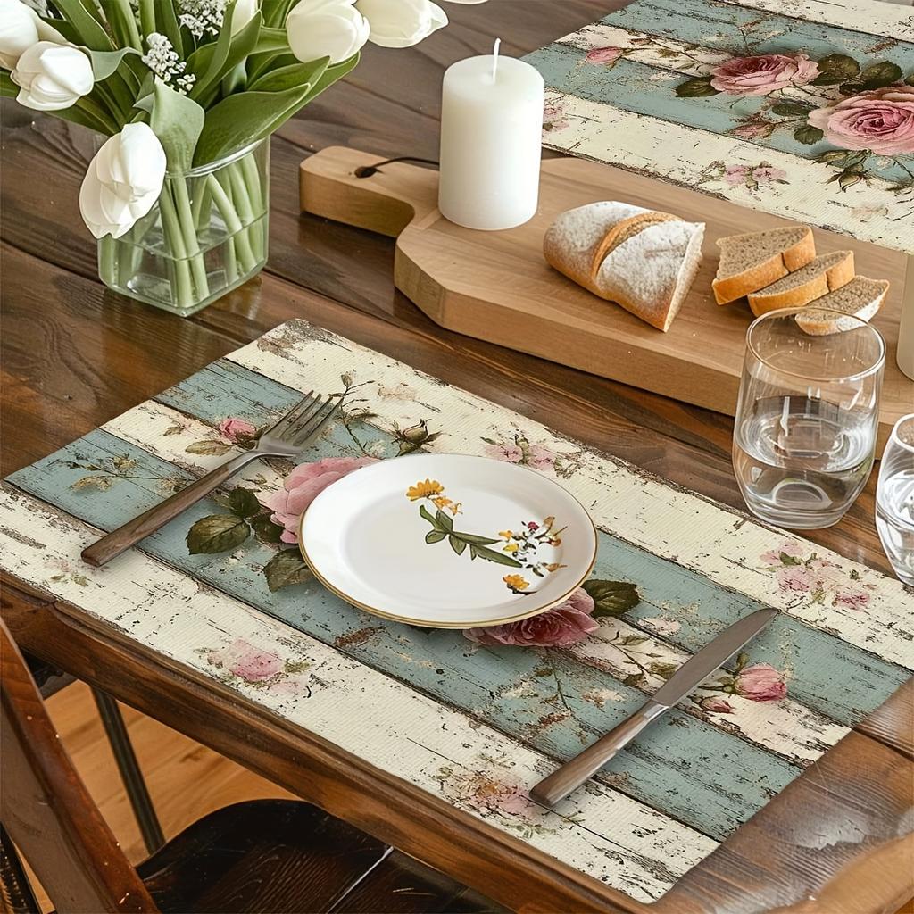 VIKAM 4/6/8/10pcs Vintage Rose Print Table Mat Easy-to-Clean Dining Table Protective Pad Kitchen Restaurant Placemat Decoration
