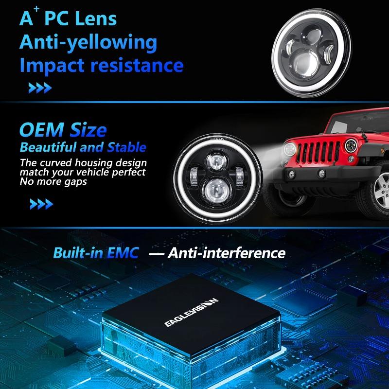 7 Inch Angel Eyes LED Headlight Round H13 H4 LED Lamp with High/Low Beam and DRL 6000K Colorful Angle Eye Light