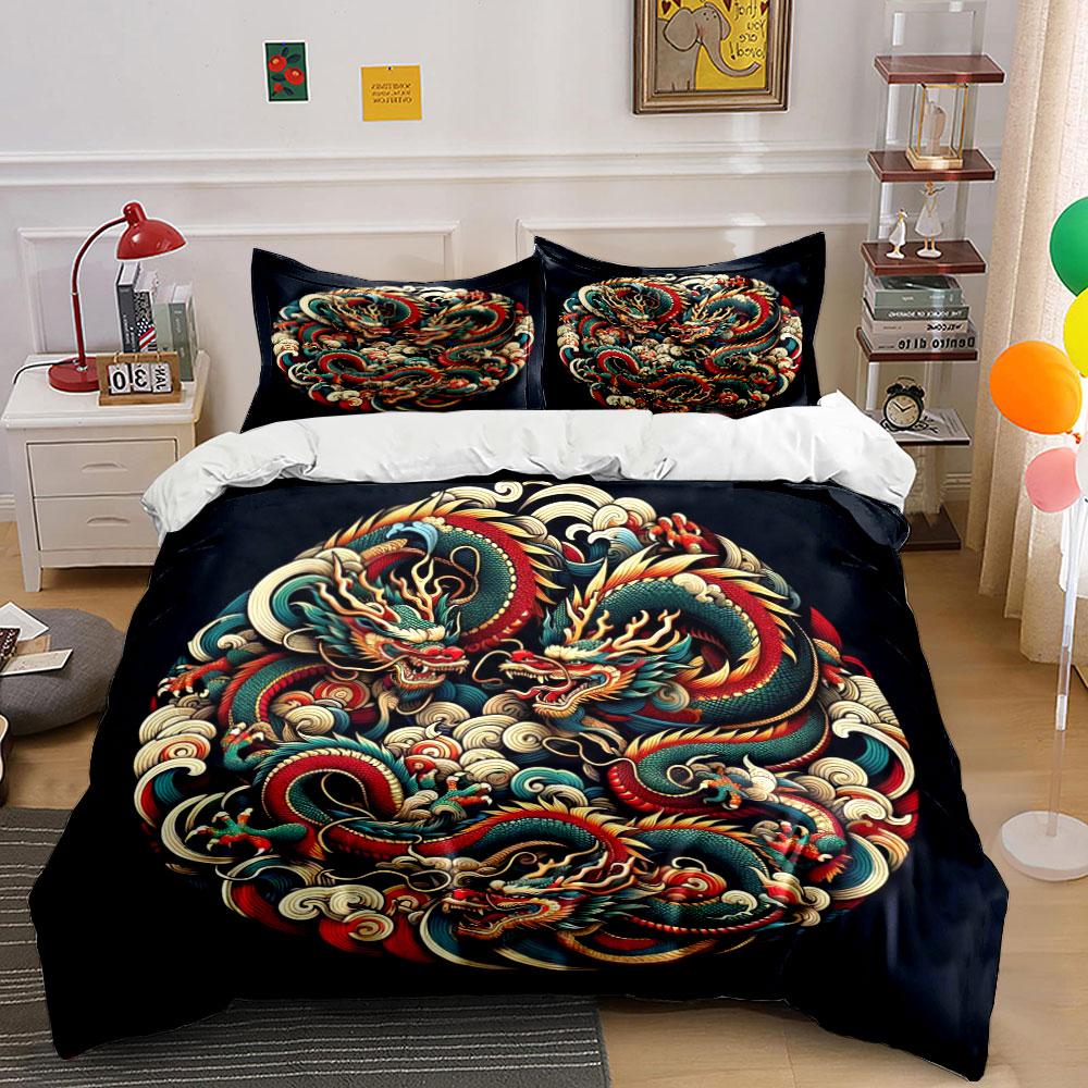 Chinese Dragon Design Set For Decoration Kid'S And Adults' Bedroom Decor, Exquisite Three-Piece Bedding Set Gift