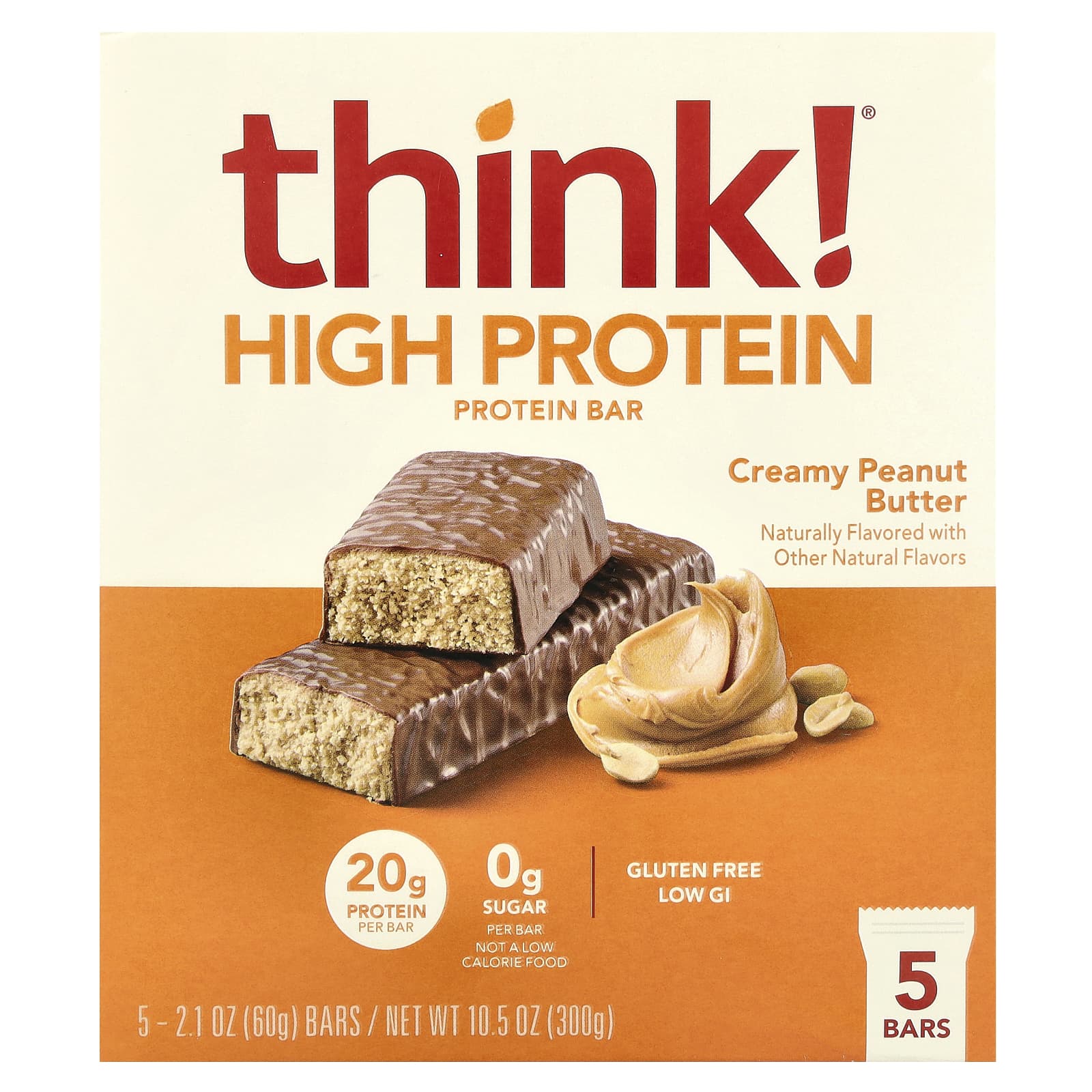 

Think!, High Protein Bar, Creamy Peanut Butter, 5 bars, 60 g (2.1 oz) each