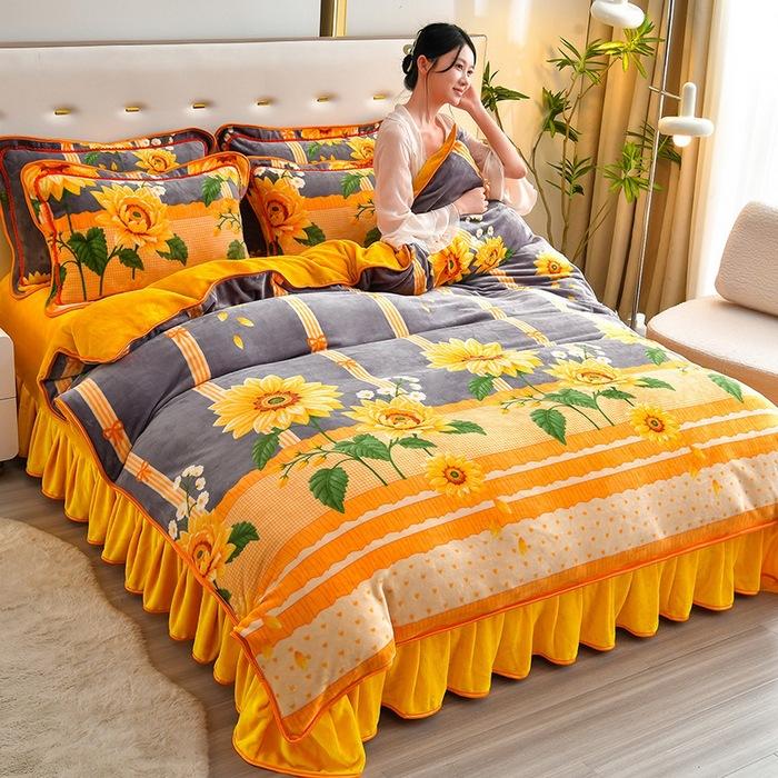 Thickened Milk Fleece Four-Piece Coral Fleece Quilt Cover, Bed Sheet Fleece Double-Sided Fleece Flannel Bedding, Bed Skirt