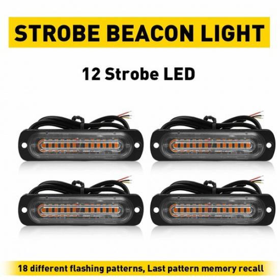 4PCS Amber 12LED Truck Car Warning Hazard Flashing Beacon Light Strobe Bar