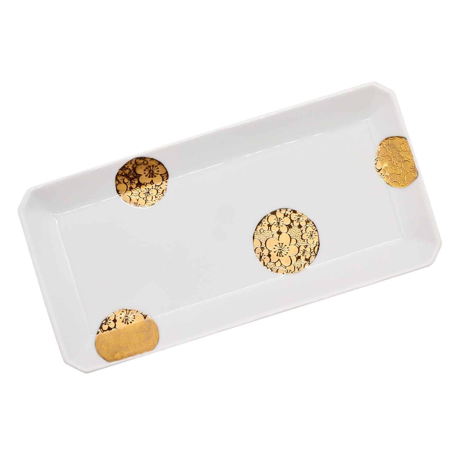 

24to3 Nishitomi Hasami Ware Octagonal Rectangular 23 x 12 Plum Blossom Made in 475044 Dish, Approx. cm, Gold-Painted Design, Japan, белый
