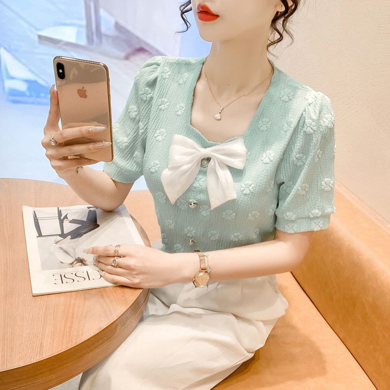 Spring and Autumn Women's Collar Bow Slimming Long Sleeved Shirt Loose Fitting Pullover Top