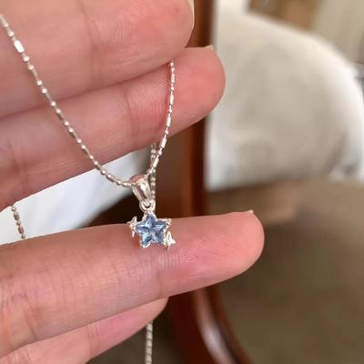 Korean Style Blue Star Pendant Necklace, Nickel Silver Plated with Real Gold - Lightweight, Exquisite, High-End Feel.