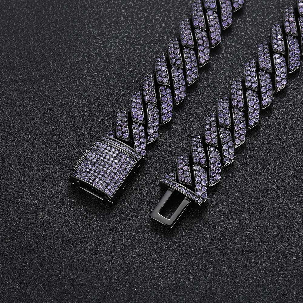 NUOYA Hip Hop Jewelry 15mm Black Plated Iced Out Purple Cubic Zirconia Two Row Diamond Prong Miami Cuban Link Chain Bracelet
